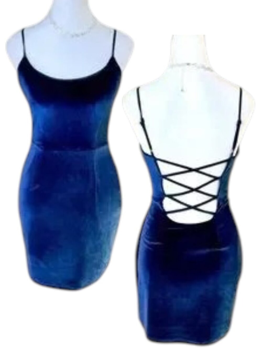 NBD Velvet Mini Dress Blue Low Lace Up Back Party (XS)